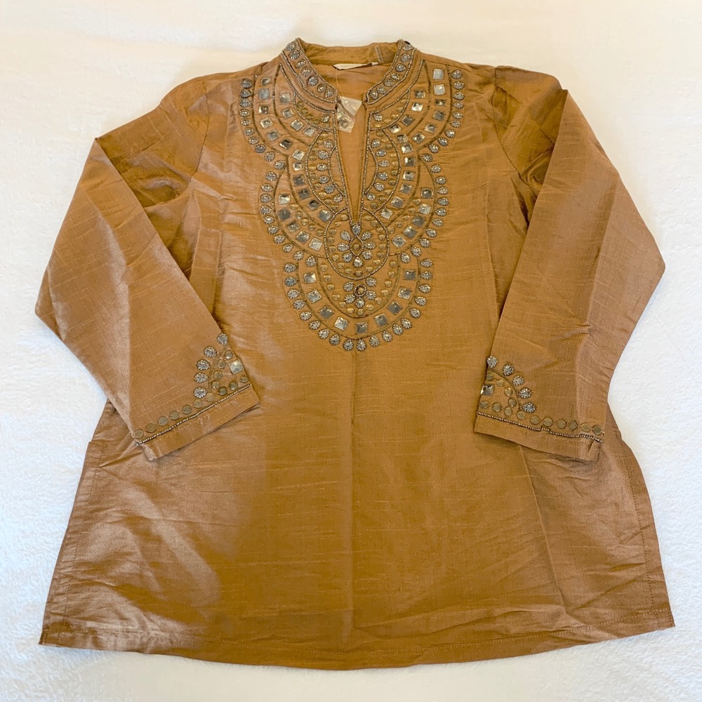 Soft Surroundings Beaded Mirror Tunic Womens L Bronze Boho Kaftan Top Polyester